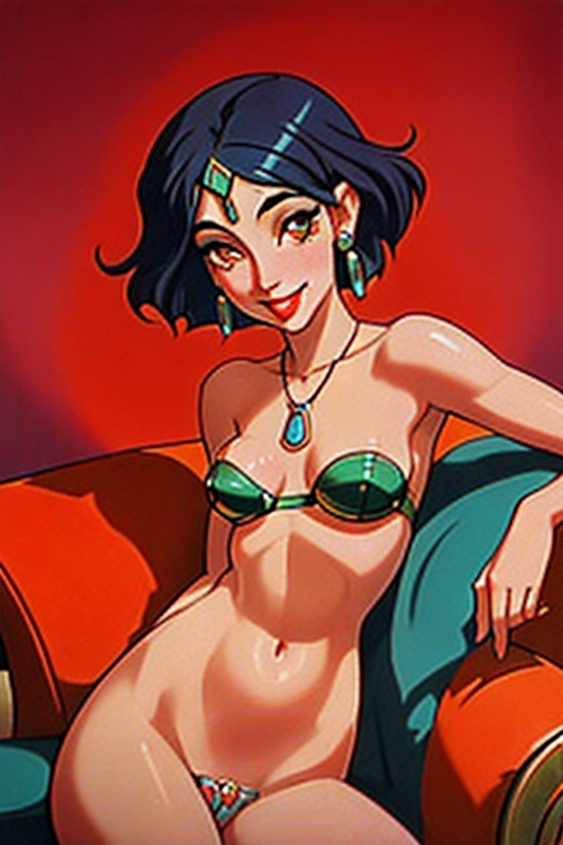 1920s art deco erotic professional full color photograph of a nude Gorgeous Egyptian thin skinny girl, naked, sexually excited, natural breasts, sexually aroused, on an opulent art deco lounge chair, lascivious smile, libidinous sexually aroused smile , flirting with me, looking into the camera lens, eyeliner, lipstick, art deco earrings, art deco necklace, pubic hair, showing pussy