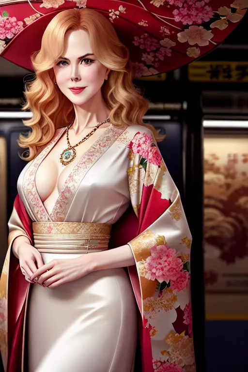 a illustration of,nicole kidman,wearing kimono,standing,in the london underground,amazing breasts,five slender fingers,wavy curtain bang,charming face,beautiful lips,detailed large eyes,curved eyebrows,curved eyelid,peaceful,wearing necklace,professional,editorial,highly detailed,cinematic lighting,pixiv