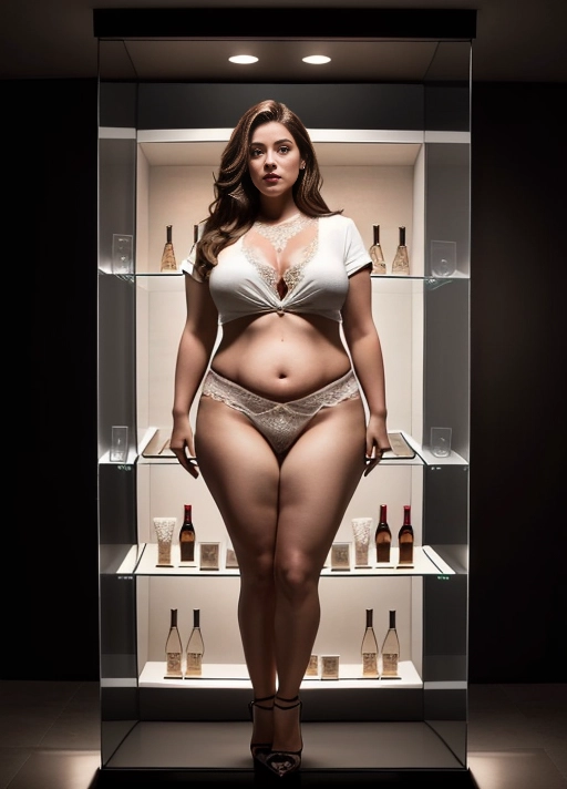 The woman was frozen in time, along with a pair of high heels, (((Dressed casually but provocative))), The woman is Latin American, She is inside a glass display case exposed for sale, The The stage is a white-walled room illuminated evenly with white lights, Despite being overweight, she still looks attractive. The image must show the large figure of the woman inside the glass display case, Your facial expression must be neutral, with your gaze fixed on the camera but without emotions, (((full body view, full body photo))) ), ((full body view)), ((natural big breasts)), (((overweight))), (((realistic))),
Masterpiece,
perfect edges,
realistic,
perfect anatomy,
realistic skin texture