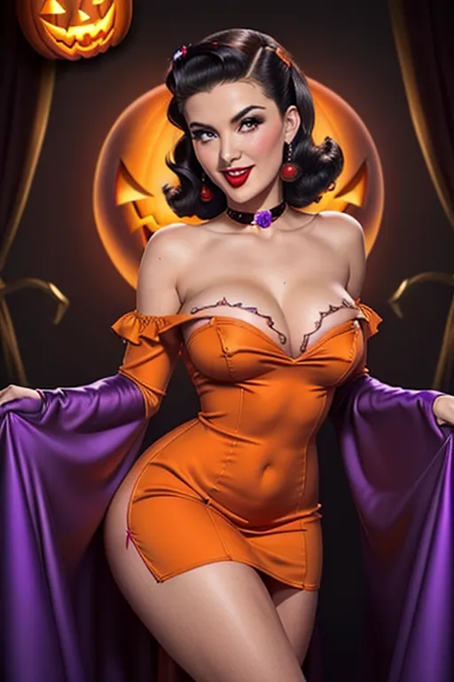 Full color, Halloween, gorgeous witch, warm sexually welcoming smile, (flirting with me), closeup, 1940s style pinup hairstyle and makeup, looking into the camera lens, ((deep plunge sweetheart style neckline minidress)), ((((pulling minidress up to reveal vulva))))((((anatomically correct vulva))))(((showing pussy)))((showing ass)),((trimmed pubic hair)) sexually aroused, Halloween decorations, sexually excited, stiletto heels, (fuck me expression),((I am going to fuck you now expression))