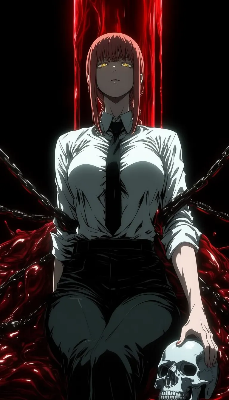 dark_art_style, (makima_(chainsaw_man):0.6), red hair, long hair, yellow eyes, ringed eyes, braid, white collared shirt, black necktie, black pants, 1girl, solo, alone, holding skull, blood, masterpiece, highres