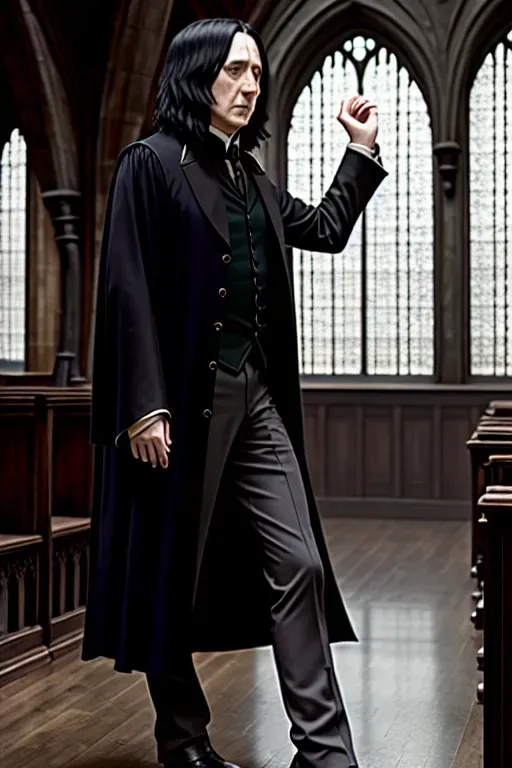 hogwarts, Severus snape, full body, in classroom, raised arm, side view