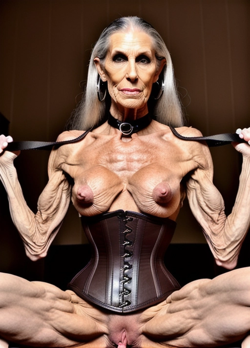 Extremely old skinny anorexic toned very hot granny, naked, sucking and fucking several men at once, BDSM leather collar, large hoop earrings, long grey hair pulled back tight in high ponytail, tight BDSM leather corset, wrinkly skin with deep lines, massive fake implant tits, extremely wide hips, large gap between legs, heavy eyle liner, showing massive loose pussy