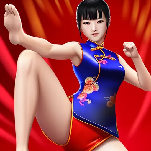 A kung fu girl in a cheongsam is practicing martial arts, kicking her legs high