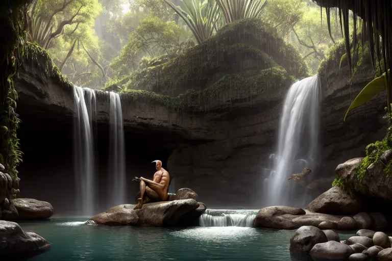wide shot, 25 year old, an elf, muscular, naked, black, jungle waterfall, daytime, natural light, serious, 8k, professional