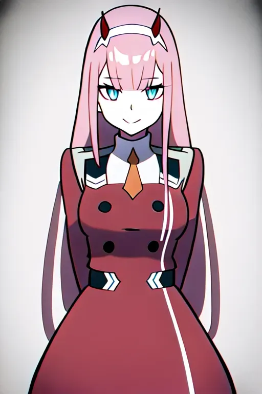 zero two (darling in the franxx), darling in the franxx, 1girl, aqua eyes, arms behind back, bangs, blunt bangs, breasts, closed mouth, cowboy shot, hairband, horns, leaning forward, long hair, looking at viewer, medium breasts, military, military uniform, necktie, oni horns, orange necktie, pink hair, red horns, smile, solo, standing, straight-on, uniform, white background, white hairband, cum-inflation, <lora:dpmg_zerotwo:1>