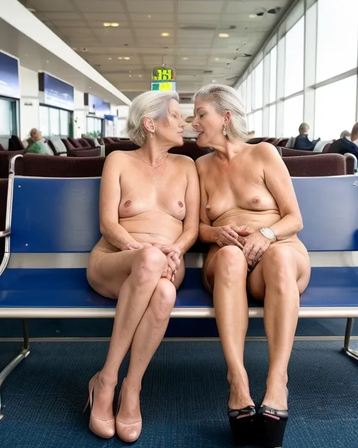 Two naked mature women are waiting in a public airport lounge naked together and sexually flirting with each other while sitting naked on a public bench together, saggy and natural shaped old lady tits, middle aged female body shapes, well worn and aroused old lady vaginas, wearing high heel shoes and carrying their purses. Two naked mature office ladies like to flirt with each other as they wait for their flight while naked in the public airport lounge. photo realistic image