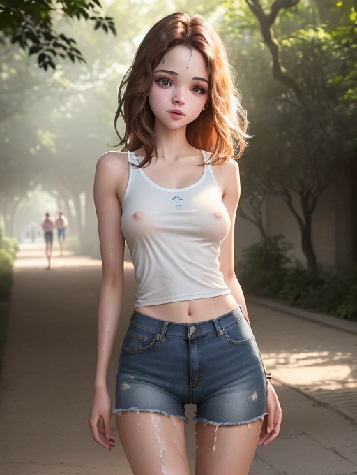 UHD 64K photorealistic color photograph of gorgeous ((perfect mix of India Eisley and Bree Daniels)), innocent face, jogging in the park, skinny, athletic, tanned, thigh gap, hip bones visible, nice breasts, perky breasts, (hard nipples), tight pussy, perfect pussy, braless, no bra, (no panties), thin white cotton cutoff t-shirt, extremely short cut off t-shirt, (hard nipples visibly pressing on inside of t-shirt), t-shirt soaked wet with sweat, t-shirt clings to breasts, extremely low waist tight jean short shorts, oily skin, smiling, eager to please, highly detailed face, ((show full body)),
ultra realistic, hyper realistic