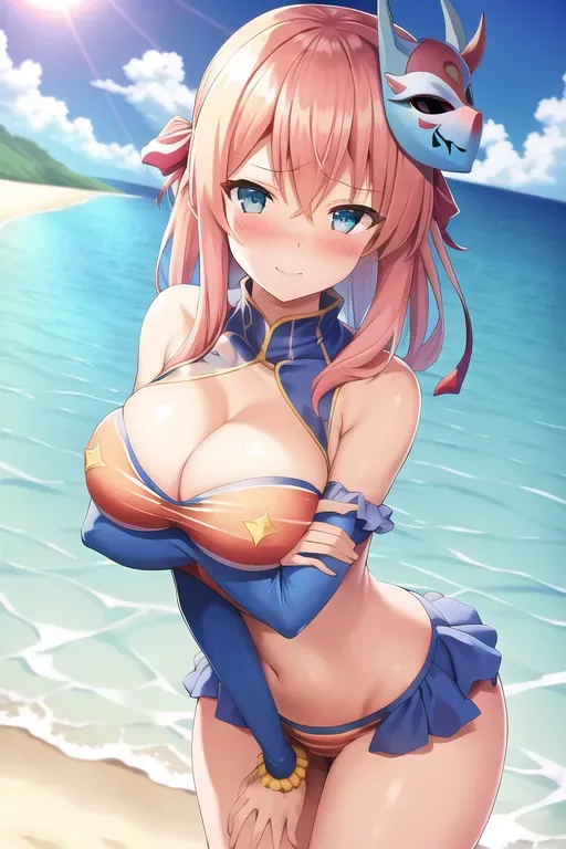 best quality, 1girl, medium breasts, side-tie , beach background, blue sky, sun, blush, embarrassed, wearing jester uniform wooden mask covering breasts arms crossed,