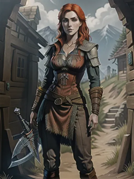 a picture of a mix of the Witcher Characters Keira Metz and Triss Merigold. innocent. Full body. with freckles in face.
