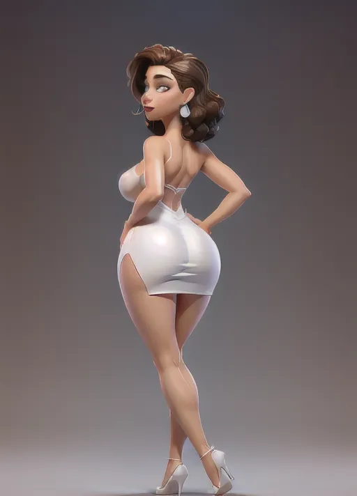 Back view,dancing, full body arms in air,nude Sexy middle aged woman looking to the side, both arms are up, hands are up, wild messy mid length dark brown hair, big tits, big nipples, big areola, head bent forward looking down, lips puckered for kiss, sexy facial expression, wearing sexy white dress with a slit up the side, slutty, red lipstick, small hoop earrings,short white dress with side slit, showing cleavage,slit up side of dress, looking to the side