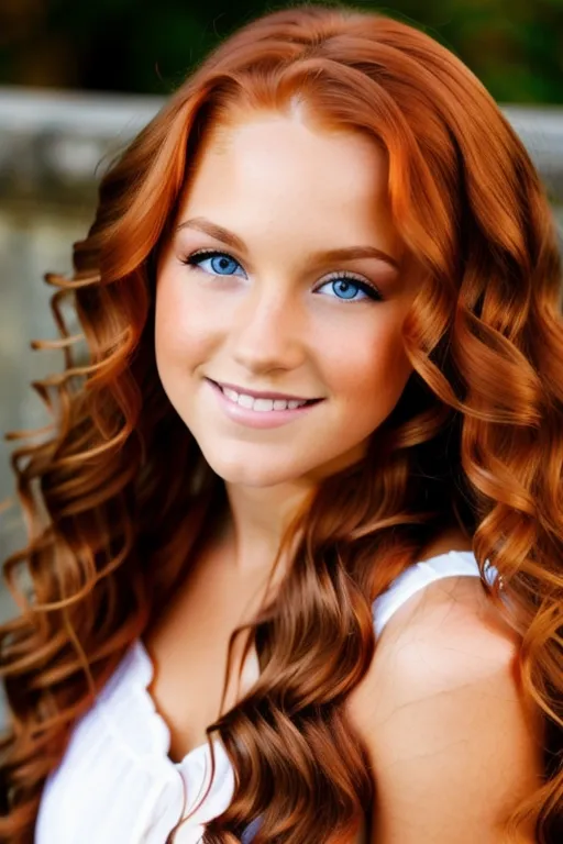 Headshot, A cute beautiful gorgeous tanned stunning ginger Irish redhead preteen, long wavy hair, widest wideset lovely eyes, high cheekbones