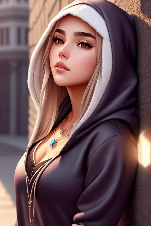 a digital art of,emilia,wearing hoodie,leaning against the wall,outdoor,five fingers per hand,silky hair,charming face,beautiful lips,curved eyebrows,smooth skin,wearing necklace,surreal,cgsociety,pixiv,artstation,smooth