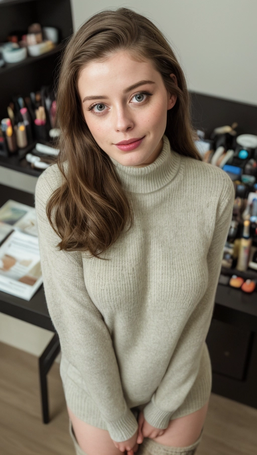 photograph of Gillian Jacobs, (seductive:1.2), (shy, cute, innocent, submissive:1.4), (full body:0), (smiling facial expression:1.1), (accurate face:1.4), textured skin, goosebumps, freckles, (long flowing hair:1.3), (turtleneck sweater:1.4), (stockings:1.4), (medium breasts:1.2), (cleavage:0), (standing:1.3), in office, (tattoos:1.3), (face makeup:1.6), (lipstick:0.8), (pale:0), looking at viewer, (beautiful detailed eyes:1.2), (accurate mouth:0), (high angle:1.1), Porta 160 color, ARRI ALEXA 65, bokeh, sharp focus, masterpiece, best quality, 8k, highly detailed