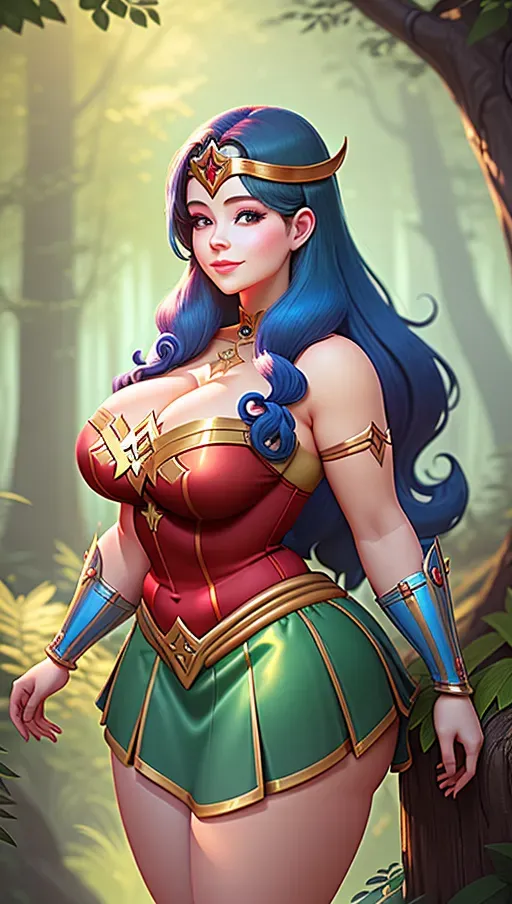 A concept art of a curvaceous wonder woman in lush fantasy land forest with busting out clevage and mini skirt, her facial expression is shy and feminine, detailed digital rendering with beautiful smile and detailed wonder woman costume red and gold with blue skirt league of legends art style 4k