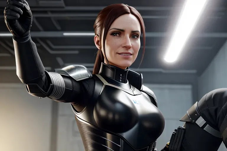 a concept art of,Lita, light freckles, empty hands, in a sci-fi movie, in black tactical pants, black military armor, combat boots, confident smile, five fingers per hand, dirty face,textured skin,cgsociety,8k, unreal engine, highly detailed, artstation, deviantart, cinematic, centered, medium close up, 8k, studio lighting, head in frame, long neck, entire head in frame, hyper-realistic