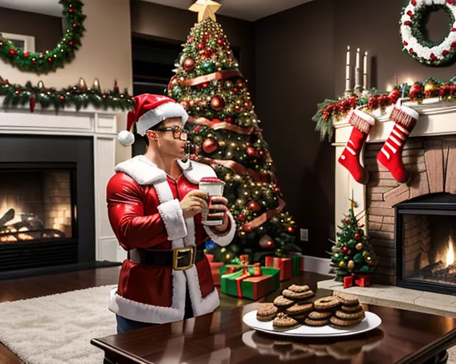 super fit athletic guy with big biceps in a santa outfit, punching a cookie midair, chugging a gallon jug of milk, standing in front of a christmas tree and fireplace. a plate of cookies are siting on a coffee table, cookies fragments are going flying as he eats. the christmas tree is covered in ornaments and colored lights. there is a mantle above the fireplace with wreaths, (cookie flying past his face in all directions), real life, photorealistic, photo,