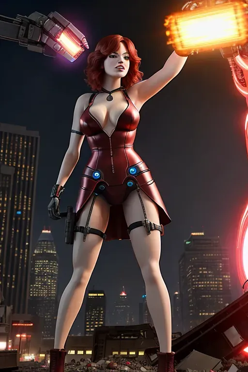 Generate a photorealisic color image of, a beautiful woman, modeled on Emma Stone, big breasts, cleavage, A terrified woman with curly red hair and a tight pink dress is held in the massive arms of a metal giant, her eyes wide with fear as the robot has glowing red eyes stare down at her, with a destroyed cityscape in the background and smoke rising from the rubble, with five fingers per hand, accurate mouth, accurate nose, accurate teeth, and an accurate face, 8k
