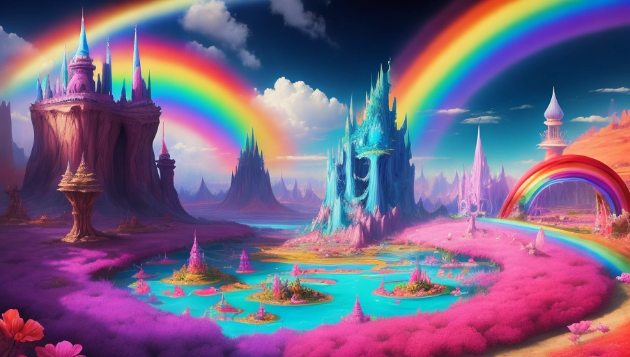 Dopamine Girl - Abstract, surreal landscape of a fantasyland, rainbows ...