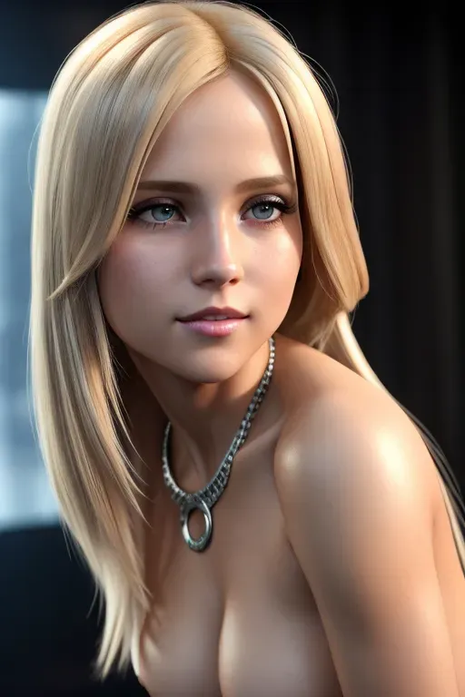 a photograph of,lulu wilson,blonde,long hair,doing sexy pose,in a dystopian future,big breasts,five fingers per hand,silky hair,charming face,beautiful lips,brown eyes,curved eyebrows,curved eyelid,smooth skin,erotic,wearing necklace,studio lighting,artstation,highly detailed,sharp focus,cgsociety