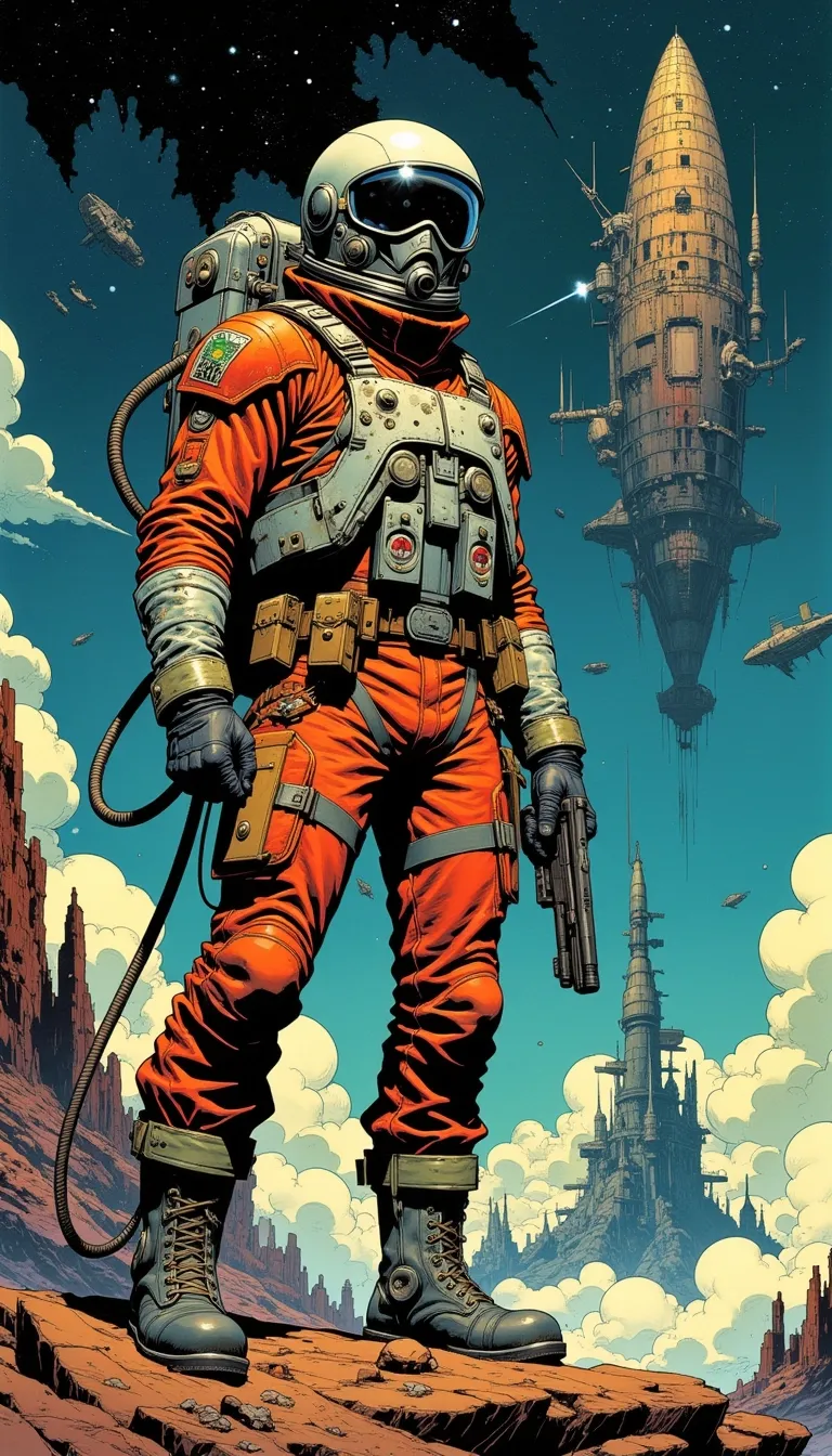 comic book art, a handsome male astronaut wearing sleek modern spacesuit holding a retro laser pistol on (A massive, ancient spaceship floating derelict in deep space.), retro sci-fi style, dynamic lighting, digital art, cinematic shot, fantastically beautiful, illustration, aesthetically inspired by classic sci-fi movies, by Paul Lehr by Jon Whitcomb, samdoesart, dreamlikeart.