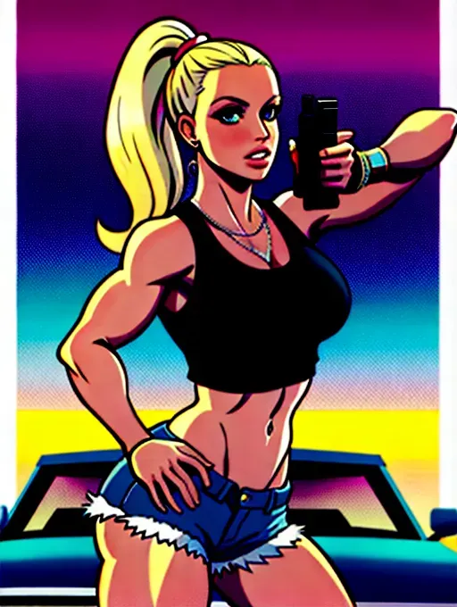 Britney Spears, accurate face, accurate body, wearing tank top and shorts, as a car thief, in GTA Vice City cover art style holding a gun, cel shading,