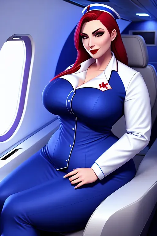 digital art, 25 year old, a vampire girl, thicc, nurse clothes, blue, private jet, night, natural light, happy, 8k, professional