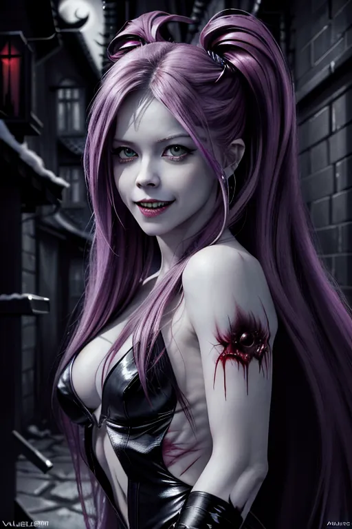 (Avril Lavigne), naked, ultra detailed face, 64k, vampire, razer sharp teeth, vampire teeth, blood on teeth, squinting menacing eyes, evil expression, dark alley, body modification, ultra detailed body image, 4k, ultra realistic, photo realistic,upper body portrait,