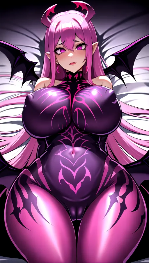 best quality, ultra high res, detailed face and eyes, perfect face, big shining heart choker, earrings, jewelry, very long voluminous hair, (pink glowing hair:1.2), lipstick, purple long sleeves, purple glowing heart, demon mark, straight hair, (big boobs:1.3), red demon horns, very very long hair, perfect face and eyes, straight hair, sexy succubus girl, pink glowing eyes, (red demon wings:1.4), (wet cameltoe:1.2), (purple corrupted symbiote suit:1.5), bedroom, (pink glowing demon diadem:1.4), (dark spiked crown:1.2), (thick red succubus tail:1.3), demon tail, (pink glowing heart pasties:1.2), (laying on bed:1.3), shiny leather, purple leather skin, purple skin, hearts everywhere, wet succulent boobs, wet