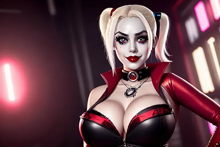 Harley Quinn, amazing breasts, five slender fingers, gorgeous face, beautiful lips, detailed large eyes, curved eyebrows, curved eyelid,satisfaction,8k,bokeh,surreal,ultra realistic, cleavage, detailed face