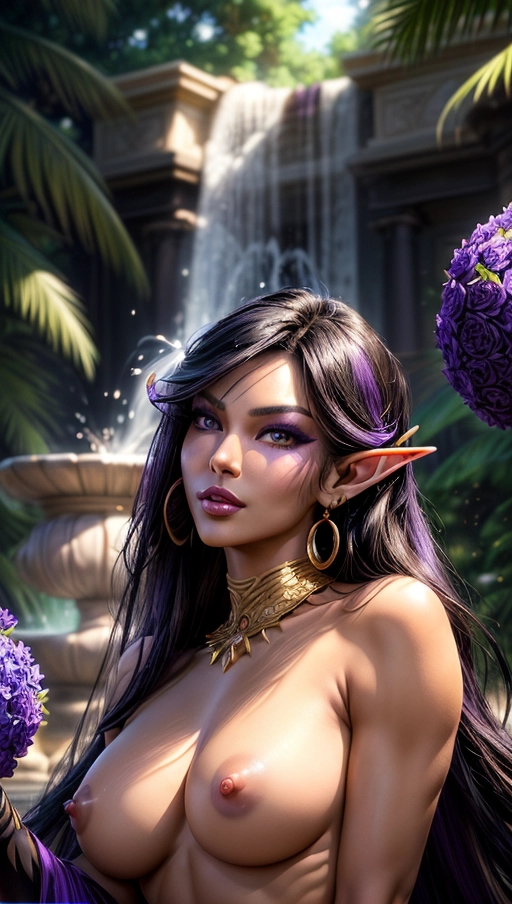 (outstanding Rough colour sketch of face and upper body portrait:1.2), hand drawn, (a stunningly sexy and beautiful blackhaired fairskinned Elf princess (with face like Yunjin Kim) with blue eyes watching the viewer), athletic body with toned abs seen through a transparent skimpy purple and white silk dress, slender waist with smooth skin and deep cleavage, (detailed erect nipples seen through clothes:1.1), (dramatic pose with arched back and exposed armpit:1.2), (slim body with large breasts:1.4), luxurious and revealing silk dress, (extremely long black floating hair reaching to her hips:1.2), large golden earrings and bracelets with precious gems, (naughty but sexy smile:1.1), clear colours, (purple eyeshadow:1.6), (high cheekbones highlighted with red rogue:1.4),
(front view portrait from beolow of face and breasts only:1.6), luxurious harem garden with marble columns and lush bushes with purple flowers, pond with a marble fountain,
(masterpiece:1.1), <lora:dpmg_add_detail:1.2>, (NSFW:1.2),
cinematic lightning, artificial lighting, great shadows, best quality, highest quality, highest resolution, 8k, Perfect composition, masterpiece, sharp focus, perfect anatomy, five detailed fingers on hands, two arms, (no extra nipples:1.4), no ribs visible, style of Larry Elmore