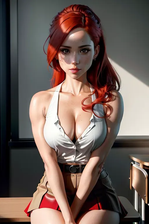 A 8k black and white high resolution photo shot of, meghan markle, ((with vibrant red hair)), freckles,
sitting, unbuttoned shirt, ((revealing small cleavage)),((perfectly nipples placement)), red lips, ((detailed hair features)),((detailed facial features)),((detailed body features)),((detailed arms features)),(textured skin),((beautiful lips)),((highly detailed)),((8k resolution photo shot)),((detailed classroom background)),((miniskirt))