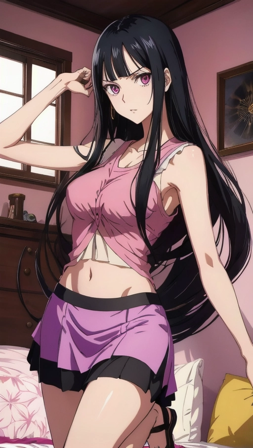 Nico Robin, one piece anime, Hana Hana no Mi, slender young woman, shoulder-length black hair, eyes that have dark wide pupils, symmetrical body, portrait, cinematic lighting, high contrast, artstation, character concept art, 8K --ar 2:3 --uplight
Purple tank top, Pink long skirt miniskirt ((long plaited skirt)),
dynamic background, in bedroom
