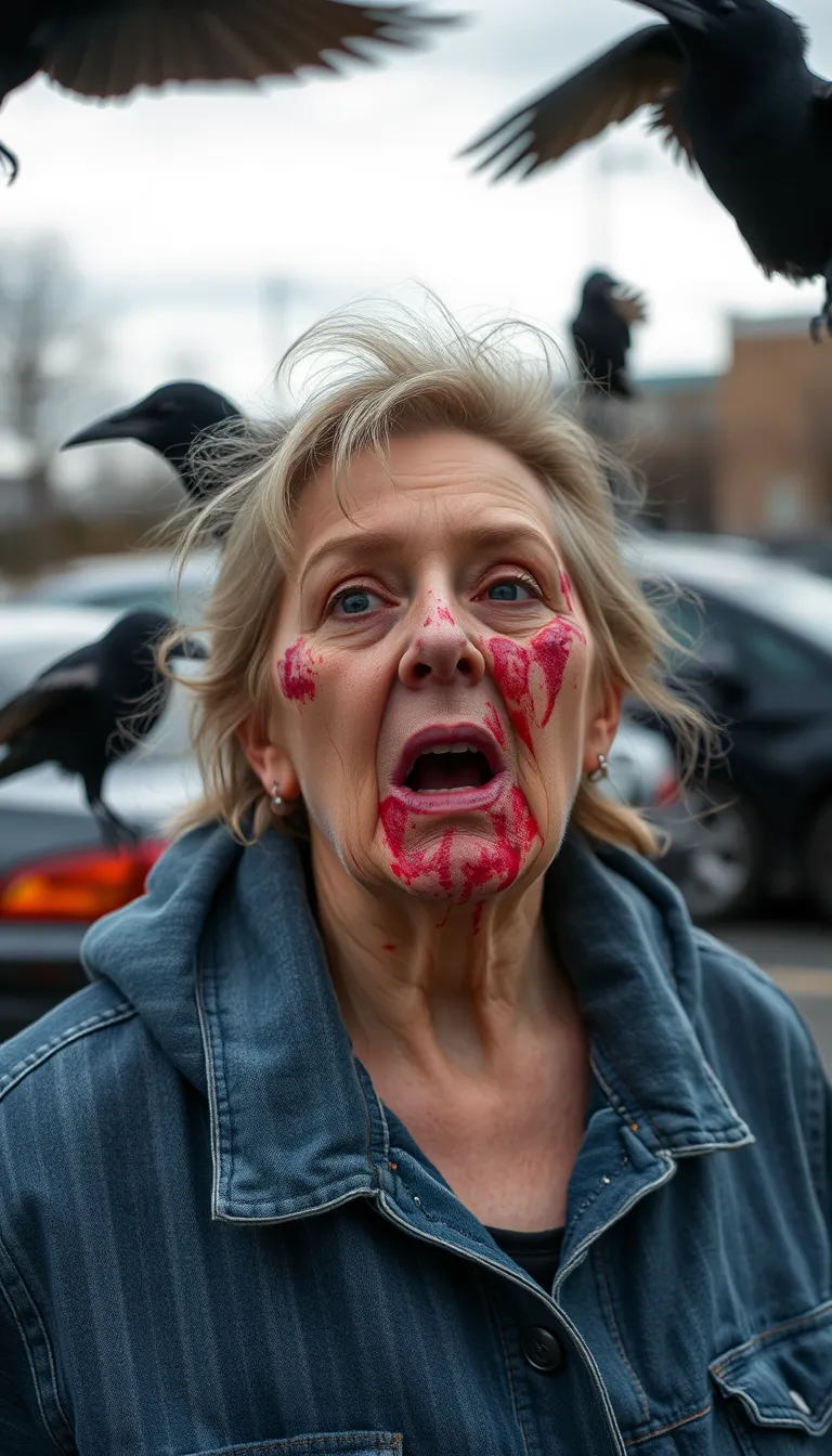 60 year old woman attacked by blackbirds birds in downers grove parking lot, bloody face, torn skin, terrified facial expression