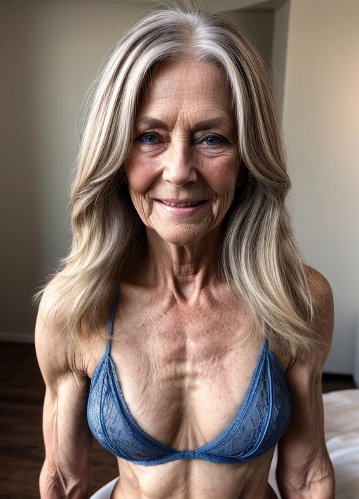 (full body shot), ((full body)), (granny), (gilf), (old woman), high resolution and high quality photography, photorealistic image, (((detailed face))), (beautiful face), freckles, ((nude)), black waist-high panties, stunning nude grandma, pale complexion, gaunt figure, athletic, lean muscles, (skinny torso), (wide hips), (wide waist), black panties with cameltoe, bulging cameltoe, bulge, black panties, beautiful woman in her fifties, granny gilf with striking blue eyes, whose body is toned and muscular, (tiny breasts), small tits, saggy breasts, small and saggy breasts, ultra detailed skin, ((small breasts)), small, sagging tits, (sagging breasts), bulging nipples, dark nipples, smiling, long ash blonde hair with highlights, ((ash blonde hair with highlights)), disheveled long ash blonde hair with highlights, long hair, with open and moist vagina, <lora:dpmg_add_detail:1.18> Accent Lighting, Global Illumination, Scattering, Lumen Reflections, Clear Face Features, Diffraction Grading, Super - Resolution, Hyper Realistic, dark rook. ultradetailed, ultrarealistic, hd, she smiles with a facial expression of sexual desire