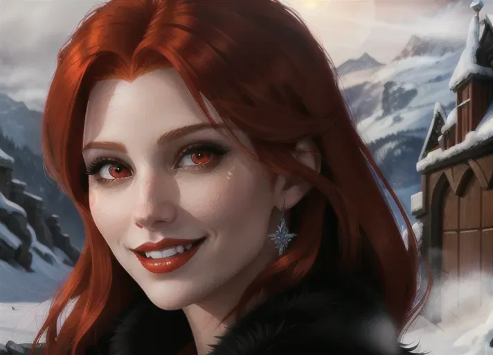 Sexy beautiful vampire adult auburn-haired Queen Anna of Arendelle rising from her mist enshrouded crypt on Halloween. Her red eyes aglow with unholy thirst as she bares her fangs with an alluring smile tainted with hunger. A thirst she seeks to quench as she sinks her fangs into the neck of her sister, Elsa of Arendelle. photorealistic. High resolution.