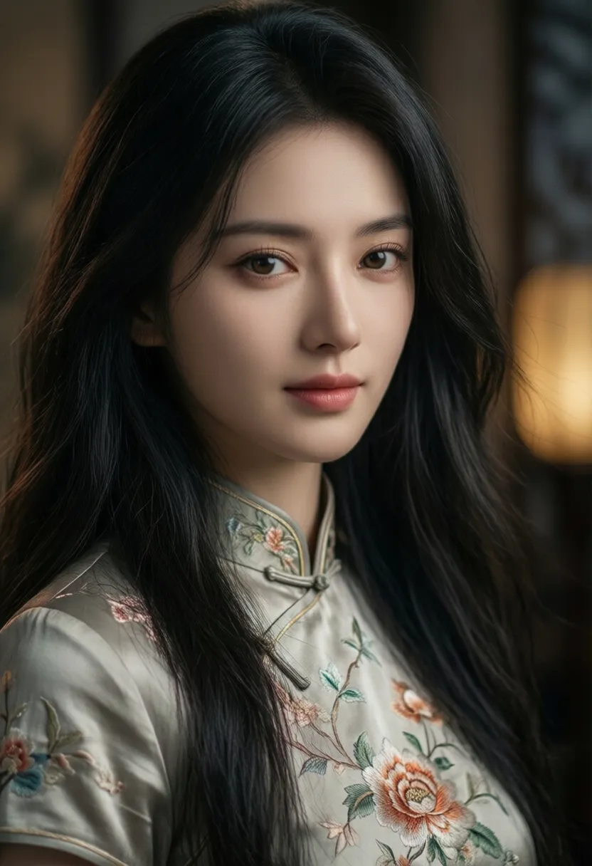 A beautiful Chinese woman with graceful features, close-up portrait, long flowing black hair, wearing a traditional silk cheongsam delicately embroidered with floral patterns, face softly illuminated by ambient light, serene expression
