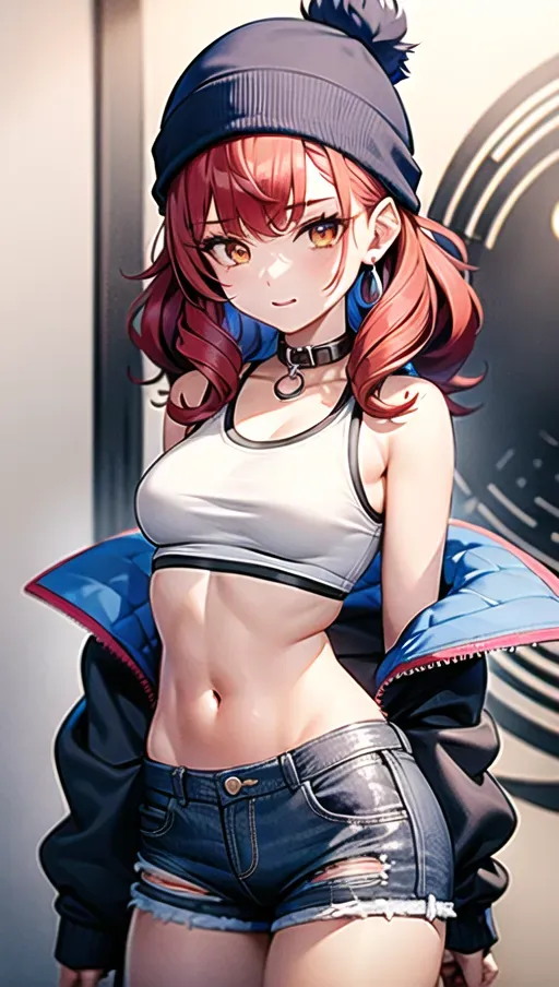1girl, masterpiece, best quality, highly detailed, red hair, curly hair, (blue crop top with no bra), (dark blue) beanie, shorts, jacket at her elbows, mechanic, collar, wrench in hand, stains from oil
