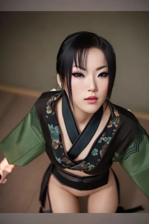 1girl , full body, beautiful::5, gorgeous::5 , breath taking, deadly, feudal japan , edo period , night , japanese , highres , short hair, dark hair, black hair, green eyes , almond shaped eyes , eyes wide::5, thin lips , parted lips::5, mouth open::5, mouth agape::5, solo, ((masterpiece)),photo referenced::5, pale skin, tenchu, kunoichi, professional, ultra high res, kuugire, stealth, soft feminine facial features, button nose, 27 years old::5, seductive look, arrogant look, sinister look, detailed face::5, shocked expression::5, afraid::5, surprised::5, terrified ::5, detailed eyes, dark blue kimono::5, feet, foot, 5 toes, toe, underwear, panties, black stockings::5, black socks::5, pose, bent, purple eyeliner::5, eyeliner::5, hand, fingers, 5 fingers,