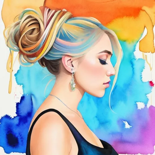 masterpiece, watercolor and pencil painting, (beautiful and aesthetic:1.5), surrealism, highly detailed, a portrait painting of 1girl (recording artist singer-songwriter Delaney Jane), profile with blonde hair piled up atop head in volumized casual messy bun with interlaced flowers, with orange and blue color pallet, hard brush, minimalist low poly collage illustration, splatter oil paintings effect, city portraits, heavy inking,