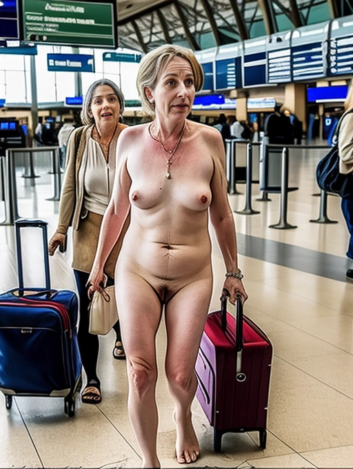 A single mature naked lady is on her way to her departure gate while naked in a public airport