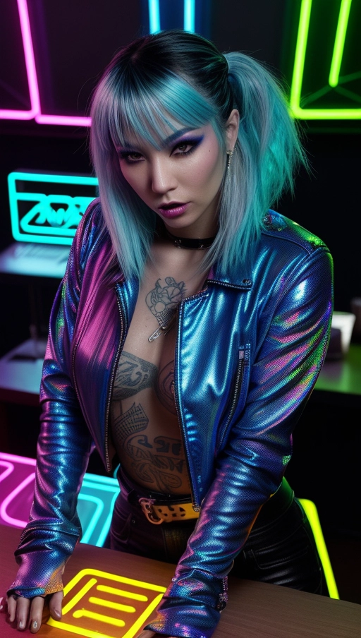 Nationality - Japanese,
Age - 28 years,
Year - 2023,
Skin type - Fair,
Hair color - Electric blue, with neon tips,
Hair style - Tousled, short bob, with an asymmetrical cut,
Face - Expressive, with a playful yet intense look,
Eyes - Sparkling, with digital light-up eyelashes that change colors,
Mouth - Laughing, revealing a silver dental jewelry,
Nose - Dainty, with a small, luminous nose ring,
Clothing style - Edgy, cyberpunk leather jacket with integrated light displays, paired with a sheer, metallic mesh top underneath,
Location - Inside a dimly lit, avant-garde cyber cafe, filled with holographic displays and futuristic tech,
Position and pose - Sitting on a high stool at the bar, legs crossed, engaging with a holographic game,
Emotional expression - Engrossed and amused, completely absorbed in the moment,
Accessories - Fingerless, tech-integrated gloves and a belt with holographic projections,
Make up - Dark, with glittery accents on the cheeks and temples, complementing the neon lights,
Tattoos - A neck tattoo that is partially visible, glowing under the cafes UV lights,
Camera angle - From the side, capturing her profile and the vibrant environment of the cyber cafe,
Lighting - A combination of the cyber cafes ambient neon and directed spotlights, creating a dramatic contrast,
Resolution - High, to capture the texture of her clothing and the dynamic colors of the environment,
Camera type - Compact system camera, ideal for its ability to shoot in low light with high detail,
Camera settings - Low aperture (f1.8), high ISO for capturing details in the dim lighting without losing quality,
Focus - ((On her face and hands)), highlighting her engagement with the holographic interface and her expressive enjoyment.