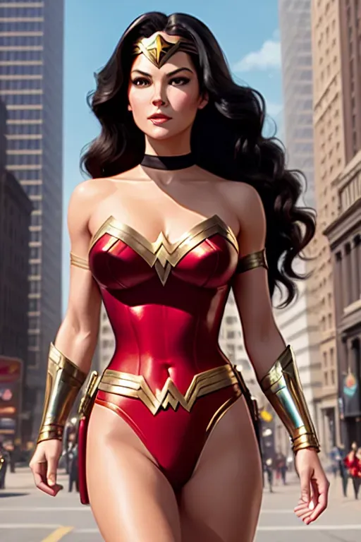 an illustration of, a young Catherine Zeta Jones as Wonder Woman, by Pixar, revealing leotard-style costume, in the city, small breasts, five fingers per hand, charming face, beautiful lips, curved eyebrows, curved eyelid, peaceful, 8k, smooth, art station,ultra-realistic