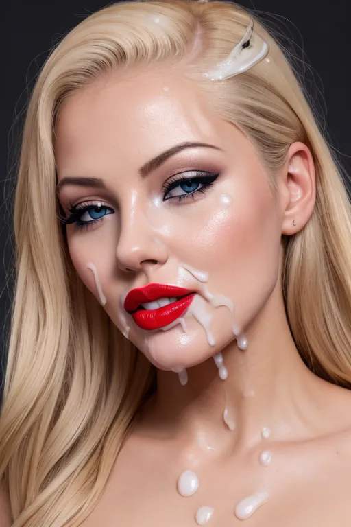 a 8k high resolution photo of beautiful blonde female, ((dpmg_face_cum_v1)),(((cum on face))), ((a lot of cum on face)), ((cum in hair)), (((cum on chin))), (((cum on eyes))), (((cum on forehead))), (looking straight into the camera), (fake eyelashes), detailed female anatomical features, (heavy black eyeliner), (((red lipstick))), textured skin, (blue eyes),