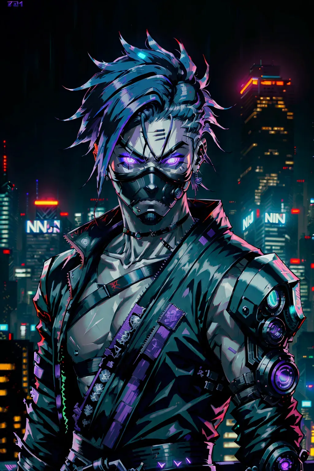 (((CYBERPUNK NINJA))), full face mask, black, glowing purple accents, with a sword, male, 8k wallpaper, best quality, ultra hd, cinematic lighting, studio lighting, hi-resolution, high quality, highly detailed, (((ON A CITY ROOFTOP)))