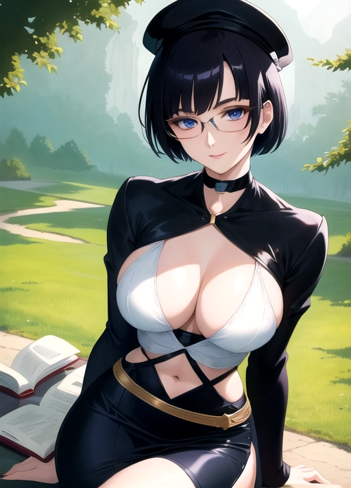 ((90s anime)), (masterpiece), absurdres, smooth, soft lines, soft edges, perfect edges, (soft lighting), (soft glow), perfect anatomy, detailed background, hair with great details, perfect eyes, perfect face, ((calm expression)), rounded face,
Dark lipstick, smiling, full body view, goth woman sitting on park bench reading book, looking at book,
((Black hair)), ((short pixie cut hair)), pale skin, ((short stature)), ((medium breasts)), blue eyes, black eye liner, hoodie, long skirt, wide hips, narrow waist, lace stockings, glasses, choker, thick thighs, flat hat,