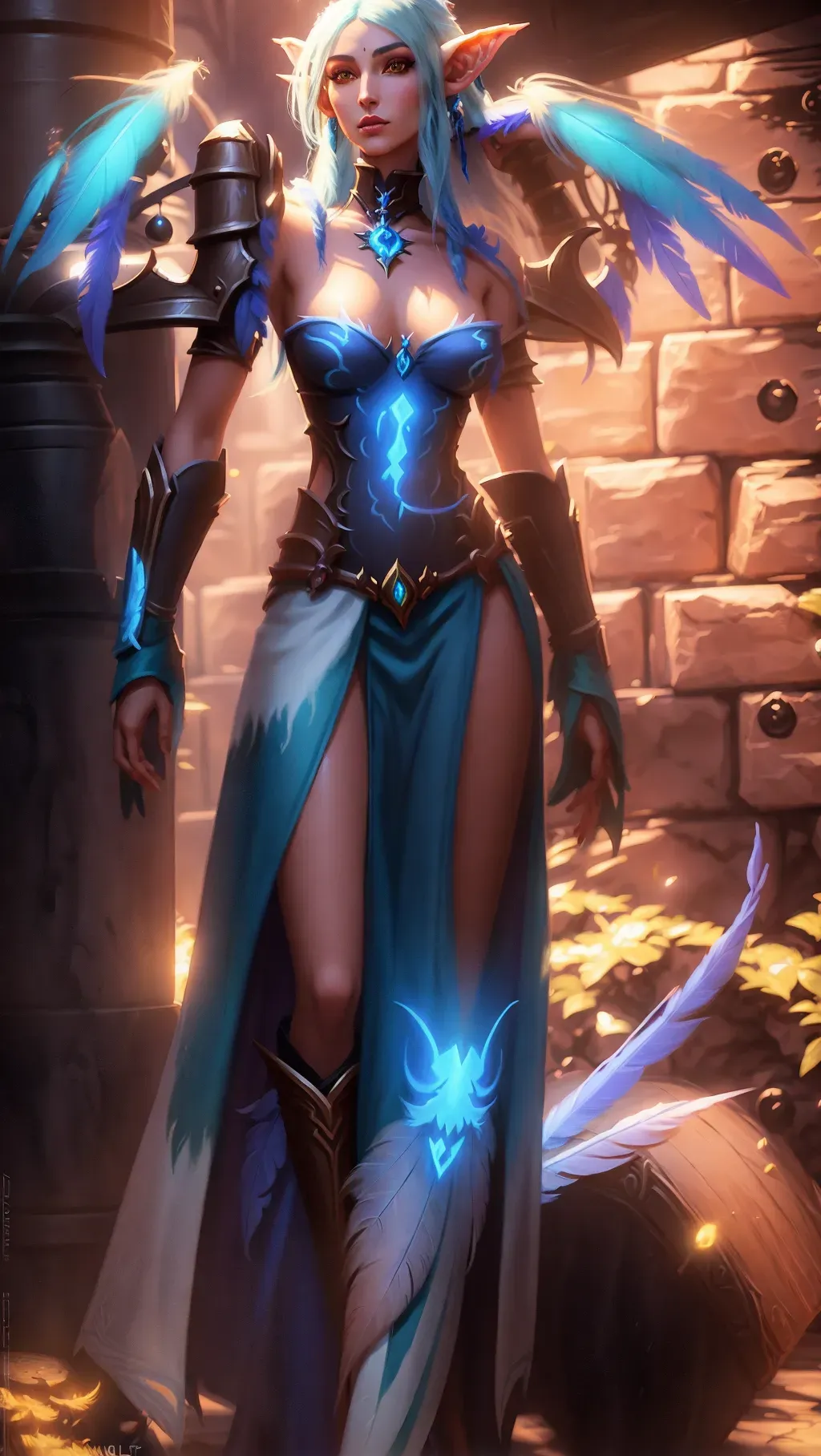 a digital painting of a female elf Evoker from the game World of Warcraft blue feathery cauldrons