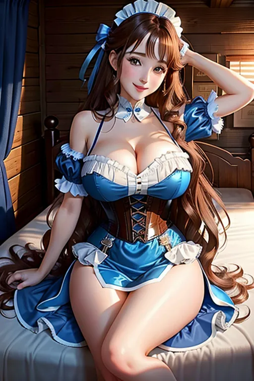 giant breasts, pale skin, brown hair, brown eyes, long hair, blue high heels, bright blue minidress, brown corset, in bedroom, pov, looking at viewer, smiling, 1girl, cleavage, full body, slim body, log cabin, maid uniform, 4k, wavy hair