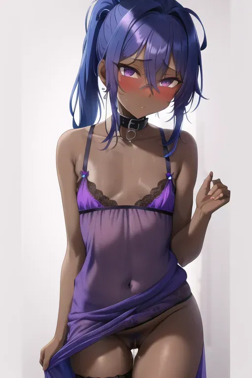 masterpiece, best quality, medium (blue hair) in a ponytail, (sexy purple nightgown), ((small breasts)), orgasm, (shy), detailed background, uncensored, wet pussy, collar, pubic hair, ((dark skin)),