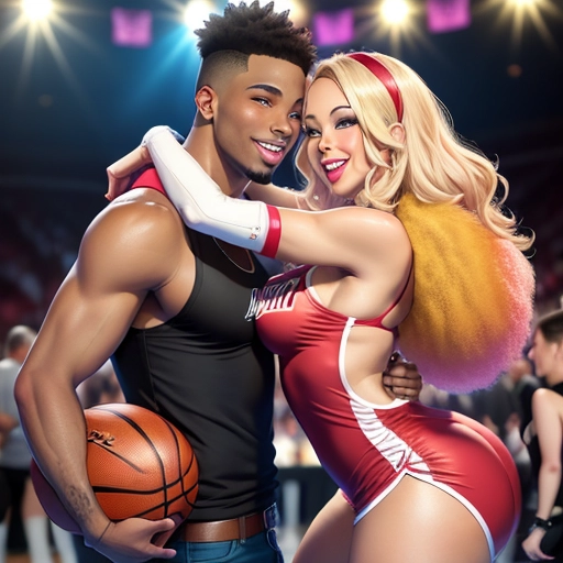 swinger lifestyle group party flyer, the theme is basketball slam dunk into pleasure, interracial, fun, party, pretty people, skinny, thick, mixed couples, people kissing, hugging, smiling, laughing, loving, polyamorous, asymmetrical, lgbt